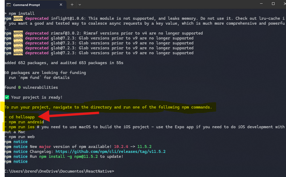 Projeto React Native Expo criado