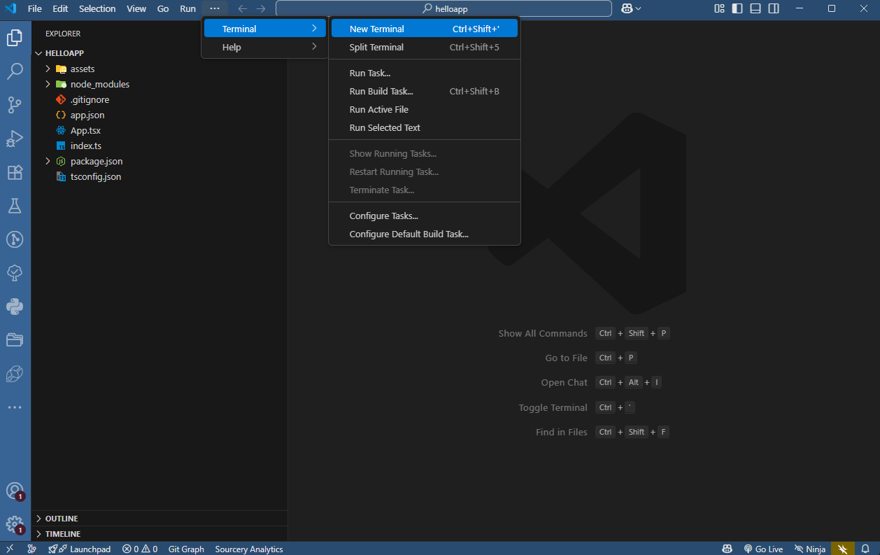Terminal no VSCode para ambiente React Native Expo