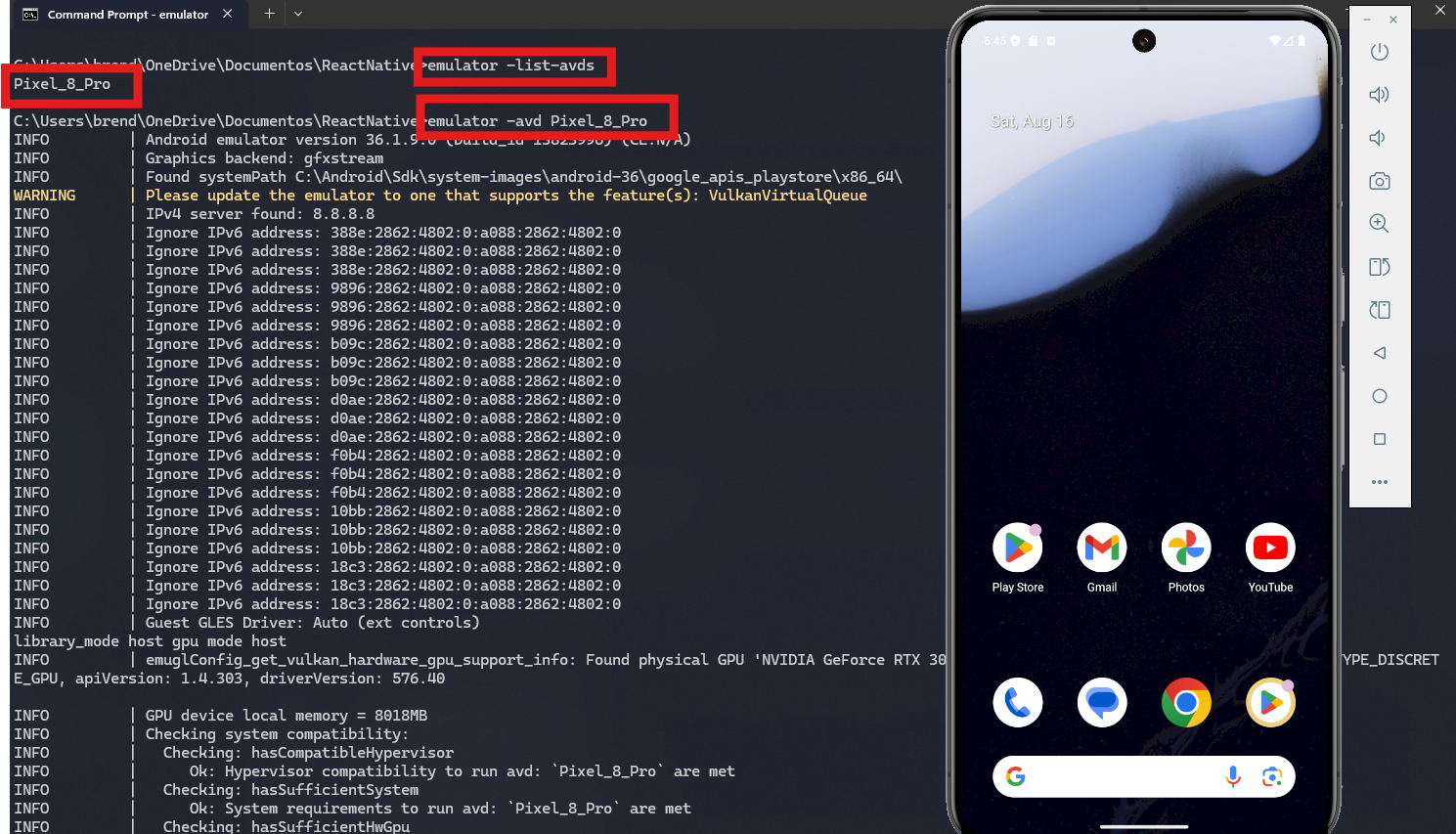 Emulador inicializando para ambiente React Native Expo